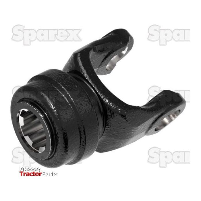 Close-up image of a black metal component, likely a tractor part, featuring "Sparex" branding in the background and the "Massey Tractor Parts" logo in the bottom left corner. This PTO Yoke - Quick Release With Auto Lock (U/J Size: 41 x 108mm) Size: 1 3/4''-6 Spline | Sparex Part No.S.53556 element highlights detailed Universal Joint Dimensions for precision applications.