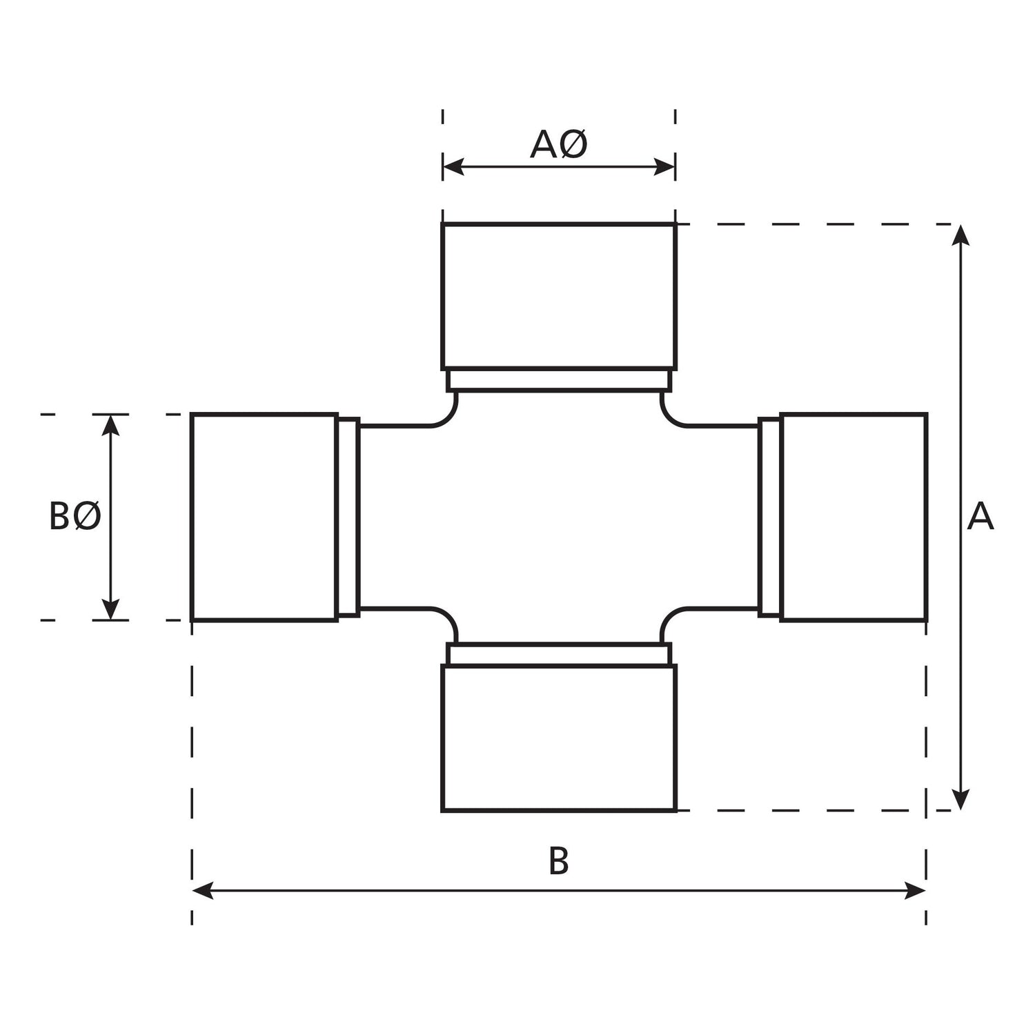 Technical diagram of a Weasler Universal Joint - 27 x 75 & 24 x 91mm (Standard Duty) pipe fitting with a cross-shaped design, showing labeled dimensions for diameter (AØ and BØ), height (A), and width (B). This fitting can be easily integrated with Weasler's Universal Joint series, ensuring compatibility and ease of use under the Sparex brand. Identified as Sparex Part No.S.51152.