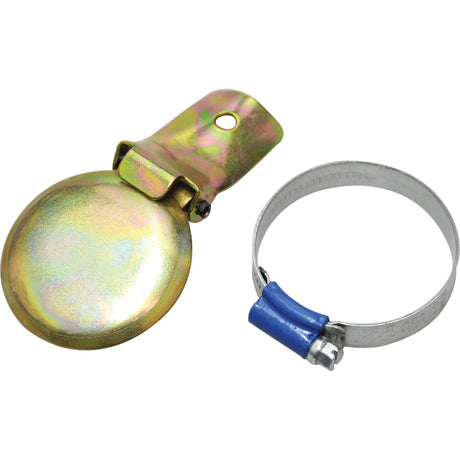 A circular metal bracket with a shiny cover and a separate metal clamp featuring a blue plastic component, reminiscent of the quality you'd expect from the Sparex Weather Cap, Ø 2 1/4" (57mm).