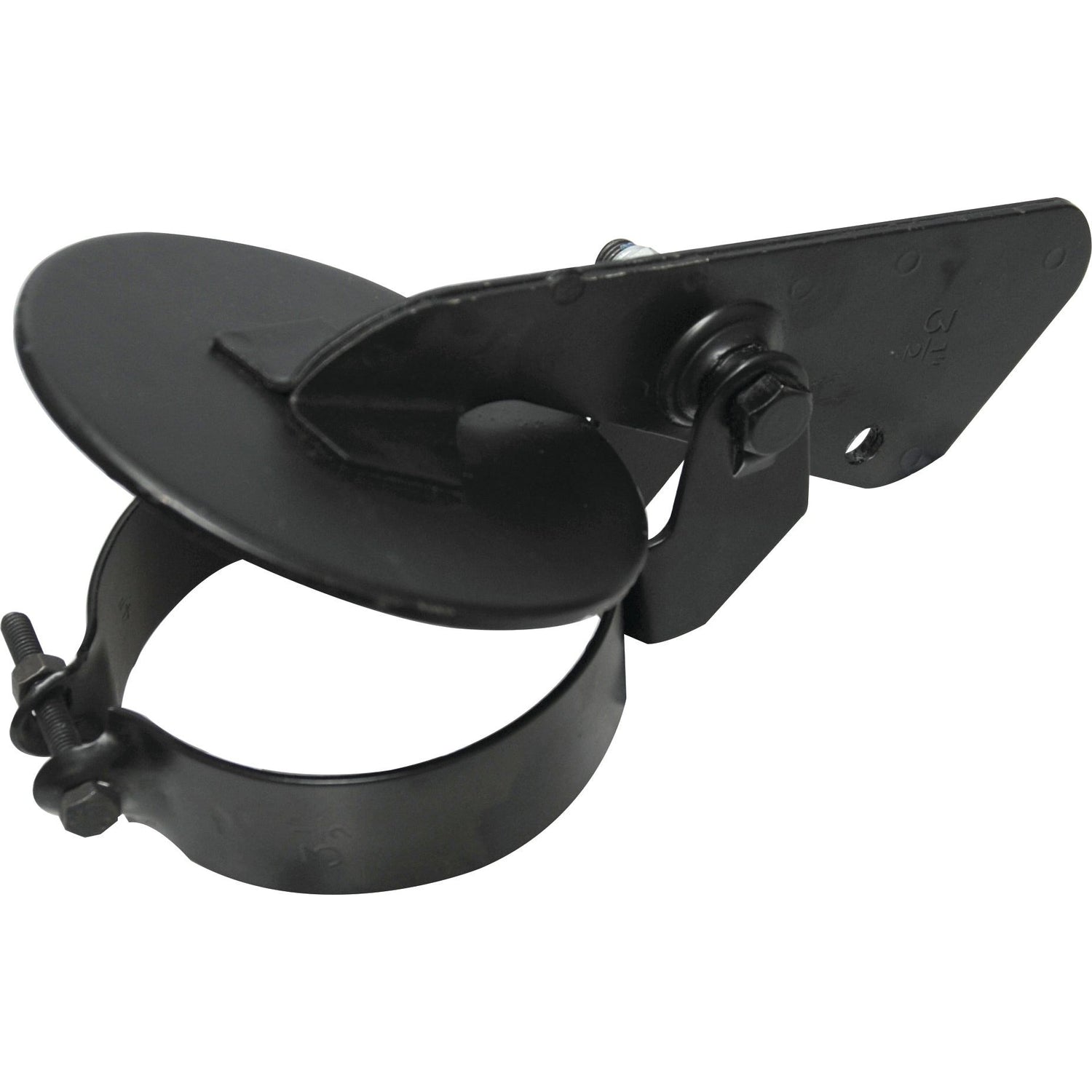 The Weather Cap - Counter Balanced (Sparex Part No. S.919782) by Sparex is a black metal pipe clamp with a circular band and an adjustable screw mechanism, designed to fit 3 1/2'' pipes. Its product specifications ensure durability and reliability, making it an excellent choice for various applications. Available through Sparex.