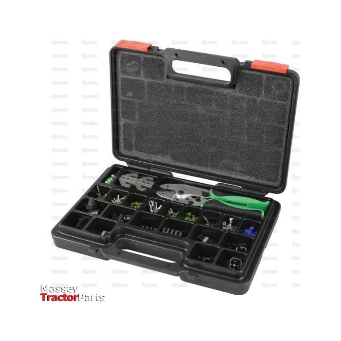 The Weather Pack Connector, All-in-One Kit (220 pcs.) - S.152537 from Sparex is a black toolbox with various compartments containing electronics repair tools and components. It includes a quick-change crimper, cutters, and connectors for automotive applications. The case features a handle, red latch clips, and even includes weather pack connectors.
