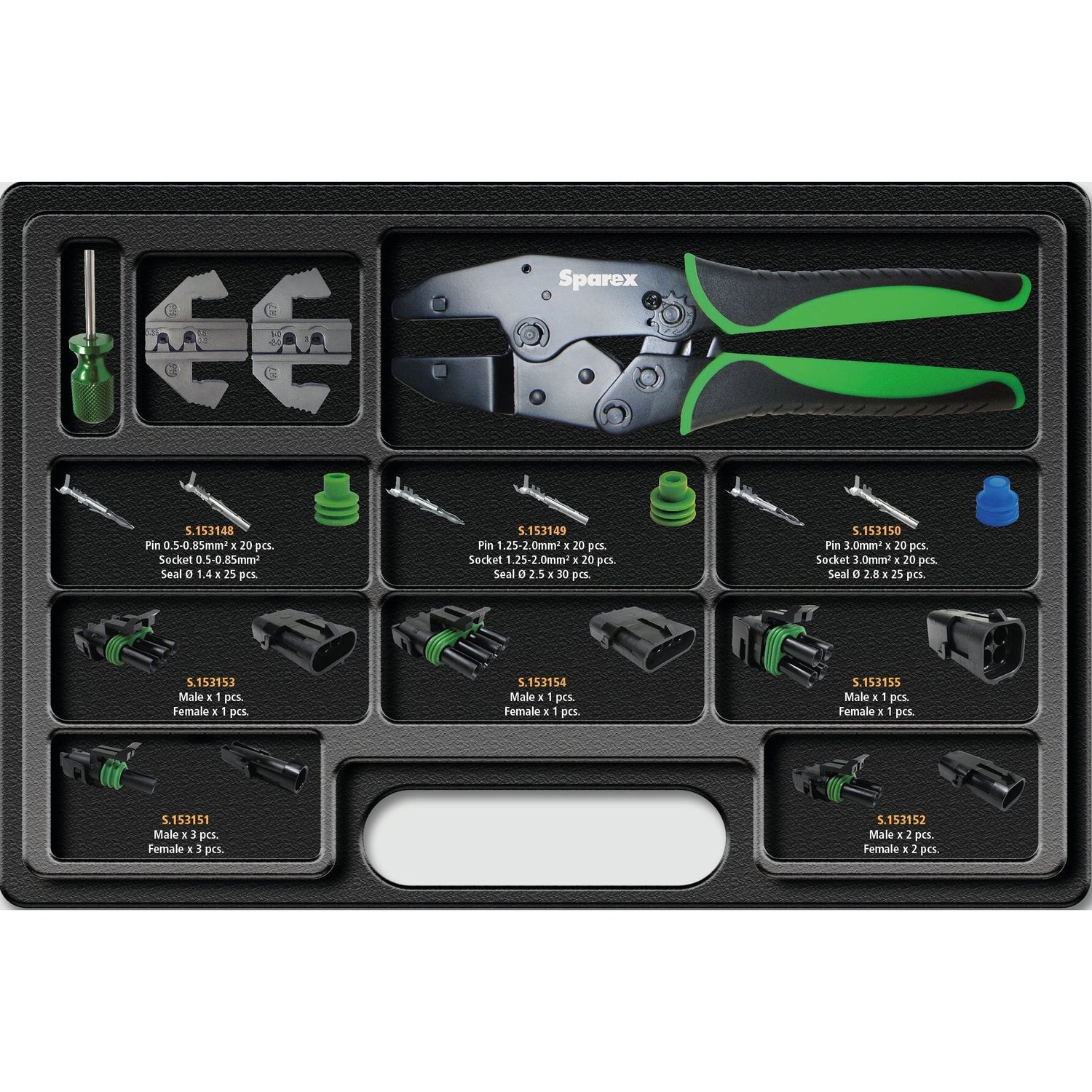 The Sparex Weather Pack Connector All-in-One Kit, 220 pcs. - S.152537 is perfect for automotive applications and includes crimping pliers, various dies, Weather Pack connectors, seals, and pins all organized in a black case. The quick-change crimper functionality ensures efficiency and ease of use.