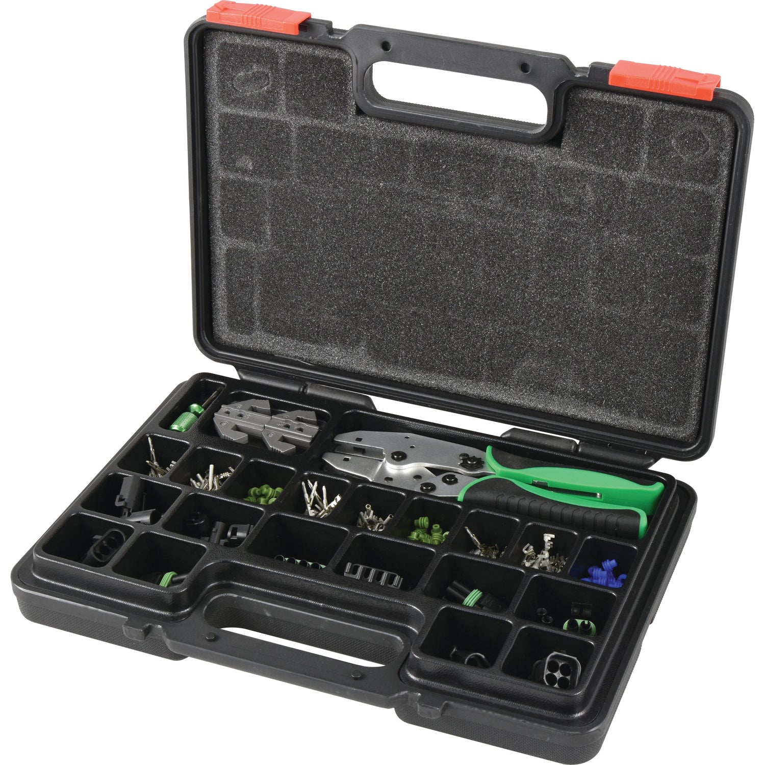 The Sparex Weather Pack Connector All-in-One Kit, model S.152537, is a black plastic toolbox that comes with 220 pieces. The open case reveals a variety of small compartments filled with tools and components, including a green-handled tool and screws—ideal for automotive applications.