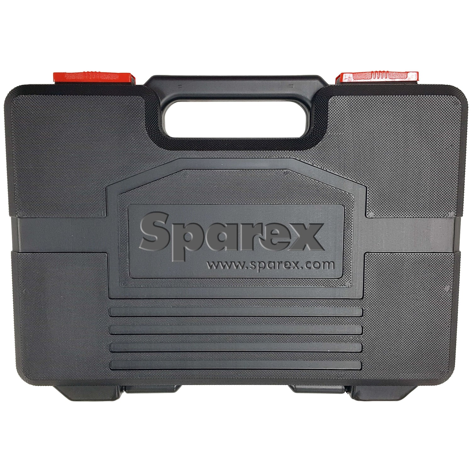 The Sparex Weather Pack Connector All-in-One Kit (220 pcs. - S.152537) arrives in a black plastic tool case with a handle, making it perfect for automotive applications. The case showcases the brand name "Sparex," features a textured surface, and includes red locking clips at the top. Inside, you'll find compartments ideal for organizing weather pack connectors and a quick-change crimper.
