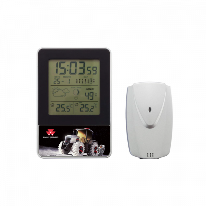 The Massey Ferguson - Weather Station, MF Lunar Concept - X993422003000 by AGCO features an LCD display that shows the time, date, indoor/outdoor temperature, humidity, and weather forecast. Accompanying it is a white wireless sensor.