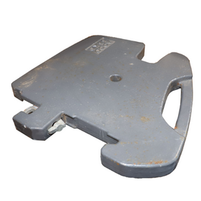 Gray 55kg, 45mm wide AGCO weight plate (Product Number: 3784628M93) designed for all models of Massey Ferguson equipment, featuring a handle on one side and a cutout on the other, shows some wear and rust spots.