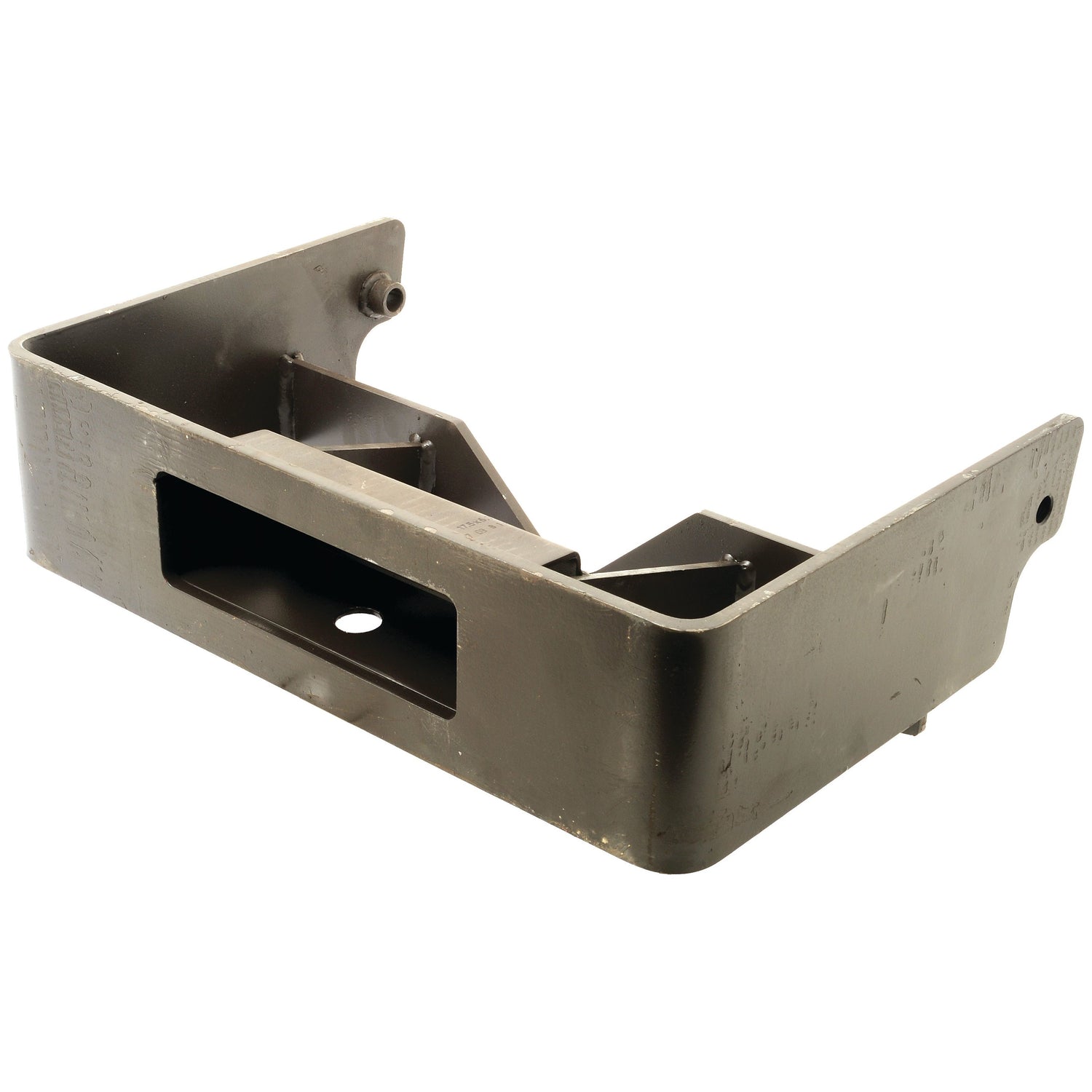 The Weight Frame by Sparex, Sparex Part No.S.43942, is a metal bracket featuring rectangular cutouts and a cylindrical attachment point on one end. It has a brownish finish and is ideal for mounting or supporting equipment. This bracket is compatible with Massey Ferguson machinery.