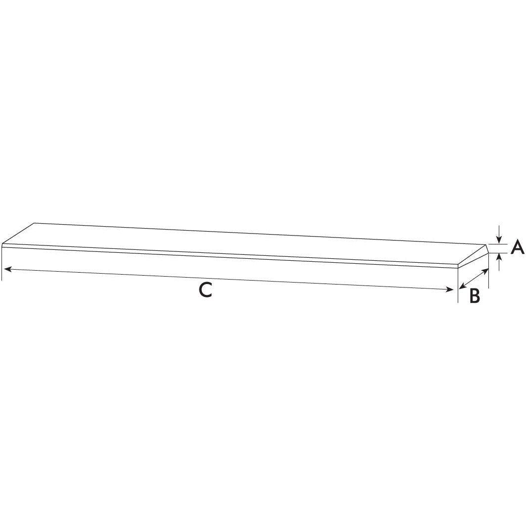 A technical drawing of the Weld On Bucket Edge (Single Bevel) from Sparex, with labeled dimensions A, B, and C. A represents thickness, B represents height, and C represents length. This diagram is essential for planning the correct welding procedure and selecting appropriate electrodes for a hardness range of 250-300Hb. - S.77087.