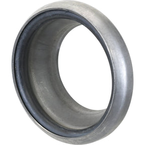 Image of a metallic cylindrical ring with a slightly conical shape, featuring a smooth surface and a black inner lining, resembling the precision-made Sparex Weld on Coupling - Female - 4'' (108mm) (Non Galvanised) - S.59400.