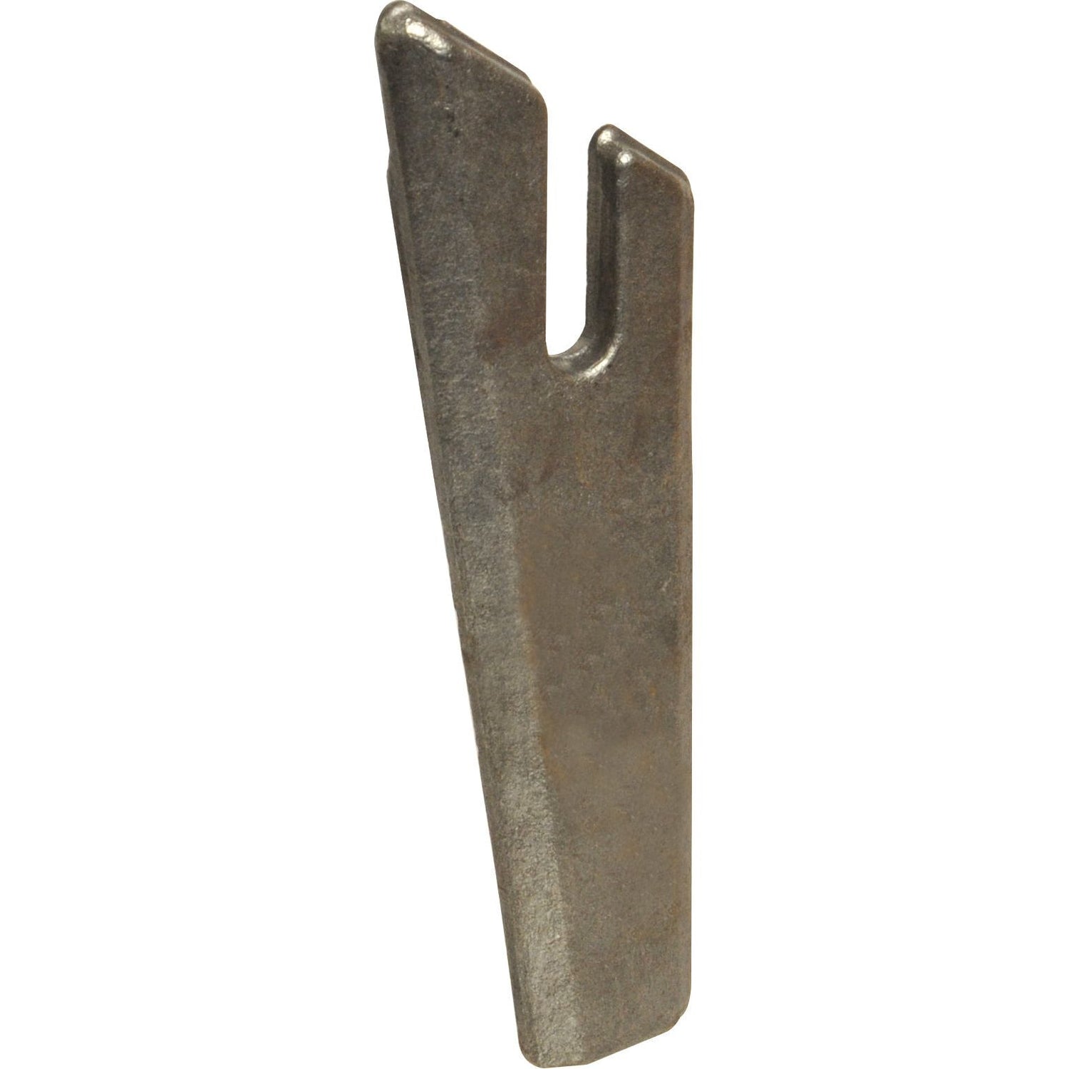The Weld on Repair Tip 208mm, right-hand replacement for Lely by Sparex (Part No. S.77613) is a metal wedge often used with Universal Tractors and features a narrow vertical slit near the top.