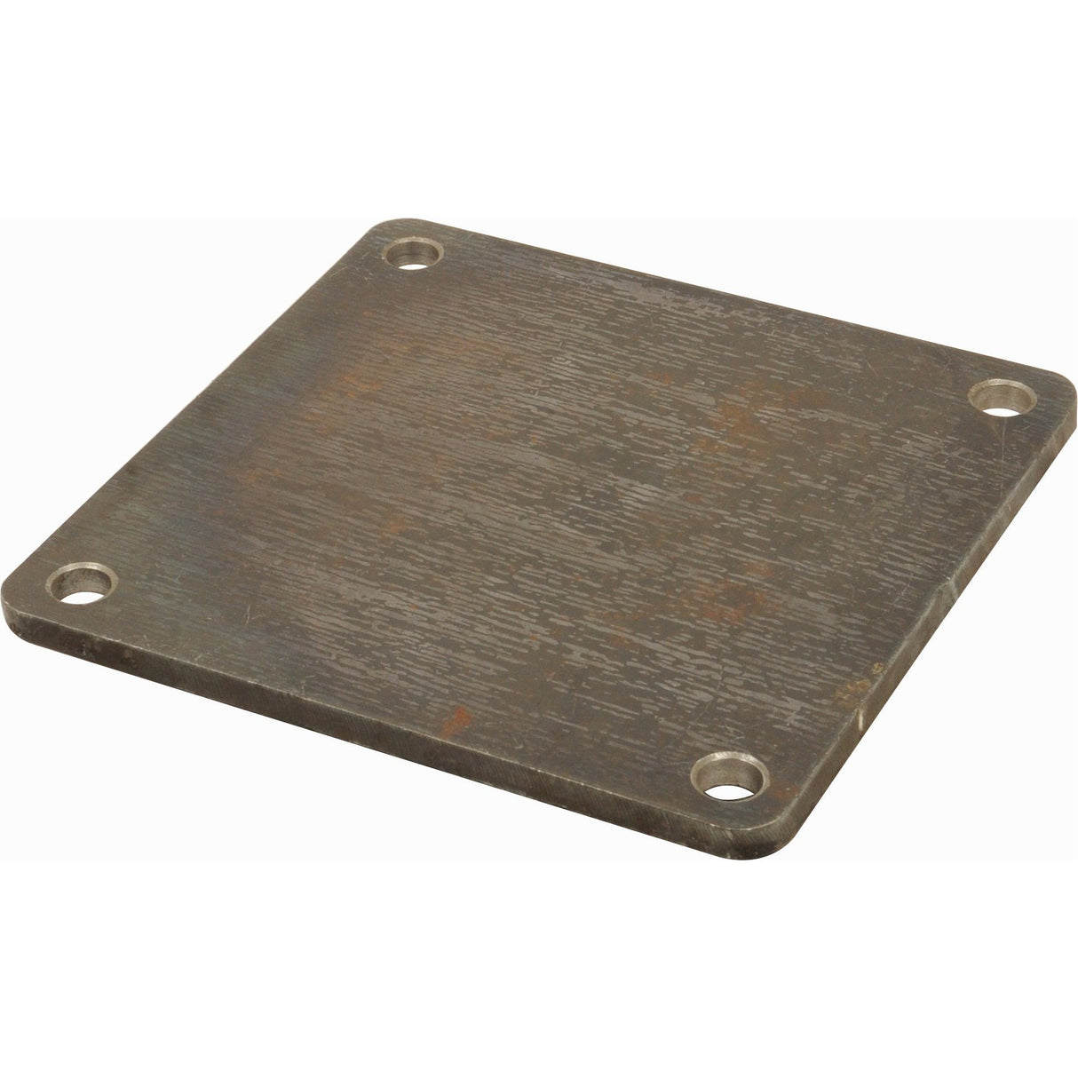 A Sparex Weld on Square Flange 4 to 6'' (100-150mm) (Non Galvanised) - S.103095, featuring a metal square plate with four rounded corners and holes near each corner, displaying a weathered, scratched surface. This flange could easily be paired with a Non Galvanised Coupler for various industrial applications.