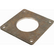 A rusty, non-galvanized Sparex Weld on Square Flange 8'' (200mm) - S.103092 featuring a circular center hole and four smaller corner holes, ideal for use as a universal coupler.