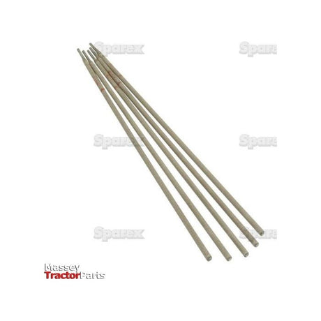 A set of five thin, straight welding electrodes measuring 3.2mm x 350mm are arranged side by side on a white background. Text on the image includes "Sparex" and "Massey Tractor Parts." With a nod to craftsmanship, these electrodes stand as reliable components, much like Sparex's commitment to quality in their mild steel products.