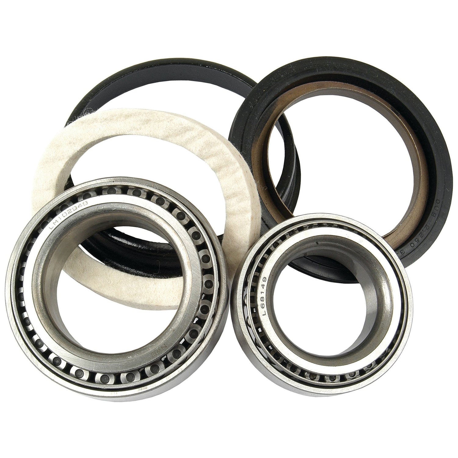 The Sparex Wheel Bearing Kit - S.14041 includes a selection of mechanical seals and bearings, featuring both radial and axial bearings, along with two circular rubber seals. It is suitable for a variety of applications.