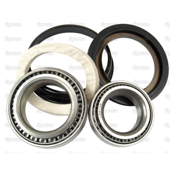 The Wheel Bearing Kit - S.14041 by Sparex, featuring metallic cylindrical bearings and black rubber seals, is arranged against a white background. This kit is suitable for various applications requiring durability and precision.