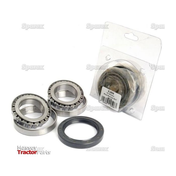 A Sparex Wheel Bearing Kit - S.2506, consisting of two ball bearings, a black rubber gasket, and a packaged component with a white label.