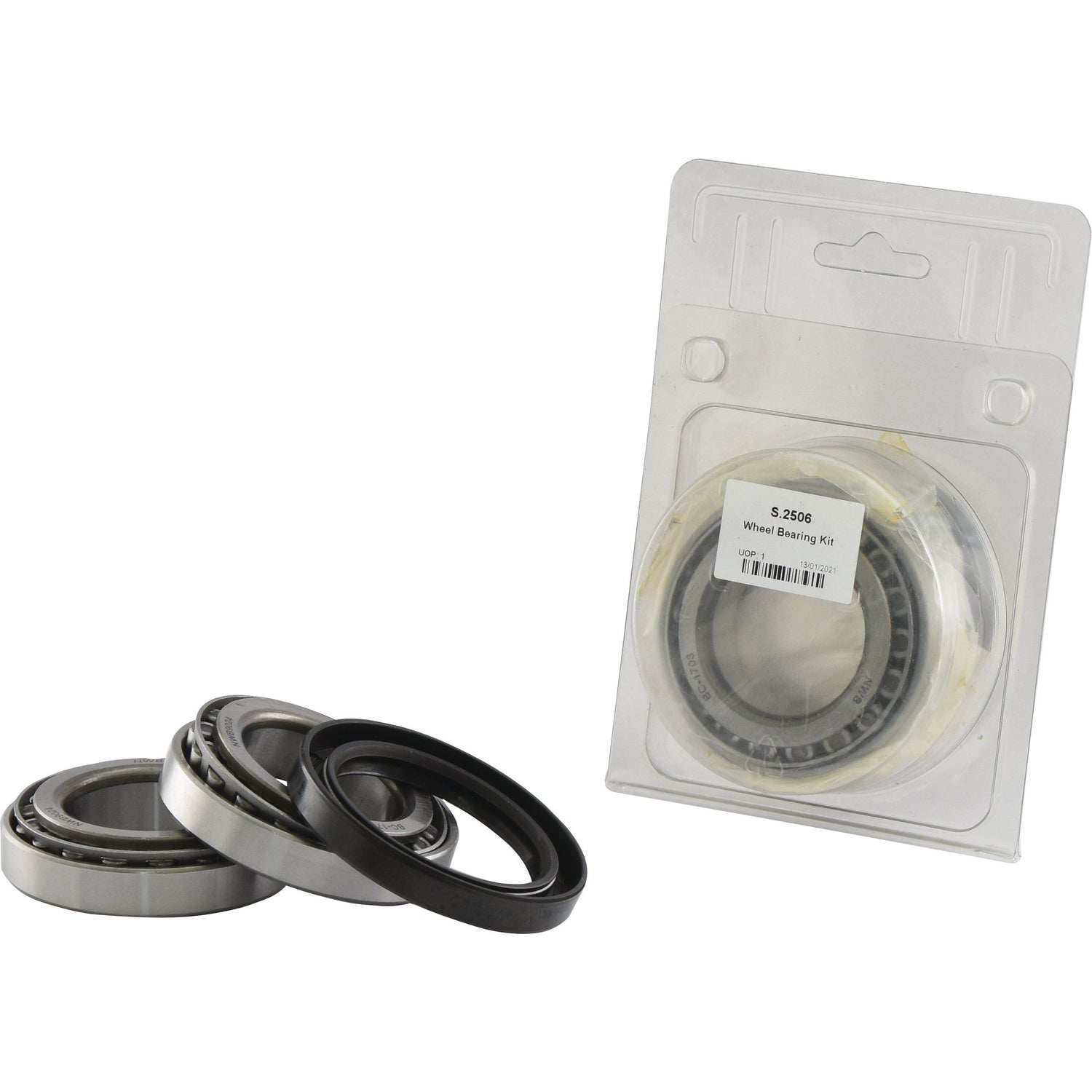 The Sparex Wheel Bearing Kit (S.2506), featuring multiple bearings and a seal ring, is displayed, including one packaged bearing set suitable for Ifor Williams trailers.