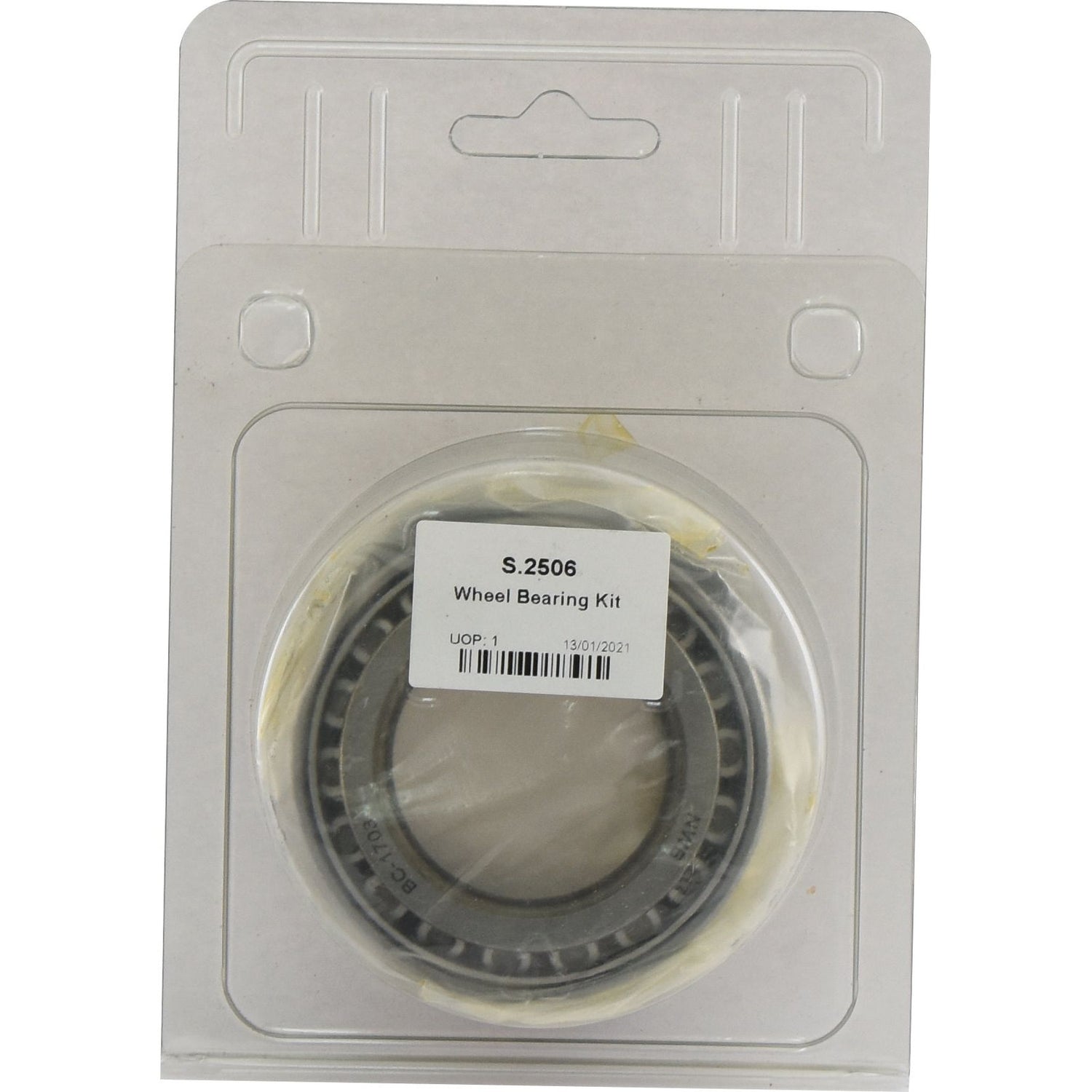 The Sparex Wheel Bearing Kit - S.2506, complete with a barcode and additional labeling, is neatly enclosed in a clear plastic casing, making it ideal for retail display. This kit serves perfectly as a replacement part for Ifor Williams trailers.