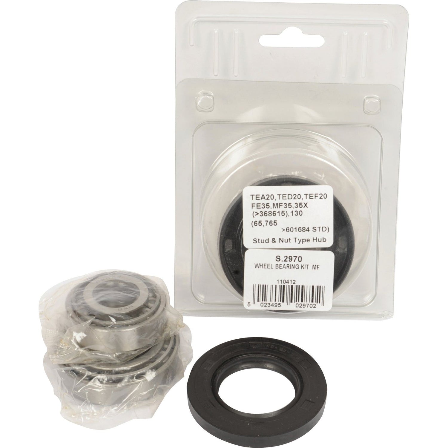 A Sparex Wheel Bearing Kit - S.2970 is displayed in front of its packaging, containing metal bearings and a black seal. The label on the packaging lists suitable vehicle models and part numbers for easy reference.