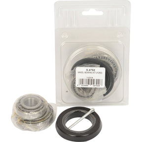 A packaged Sparex Wheel Bearing Kit for a Ford vehicle is displayed, including two bearings, a seal, and a pin. The product label reads "S.4792 WHEEL BEARING KIT TO FIT AS: 36725, D5NN1201A, D5NN1216A, E2157T9, 179080, 36724, 957E1190A, 36723, 36726; BRAND NAME: SPAREX".