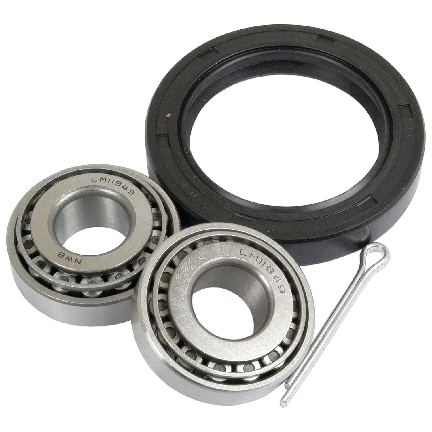 Image of two metal bearings, one black circular seal, and a metal pin arranged on a white background, resembling components from the Sparex Wheel Bearing Kit (Part No. S.57578).