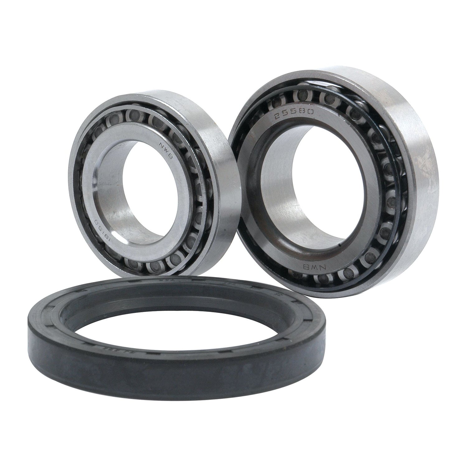 Three mechanical components shown: two cylindrical roller bearings with metal inner and outer rings, and one circular rubber seal, all included in the Sparex Wheel Bearing Kit (Sparex Part No. S.57579).