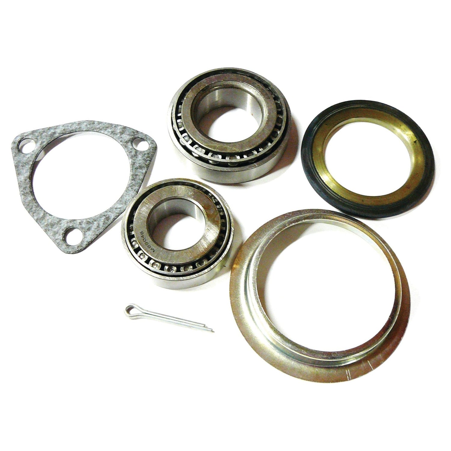 Assorted mechanical parts including bearings, a gasket, a pin, and a metal ring are arranged on a white background. Among these is the Wheel Bearing Kit (Sparex Part No. S.72076), designed for John Deere machinery by Sparex.