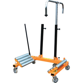 The Sparex Heavy Duty Wheel Dolly (Sparex Part No. S.143667) features an orange and black design, adjustable height, wheels for easy maneuverability, and a curved handle. CE approved, this material handling roller stand boasts a robust capacity of 1500kgs for optimal performance.