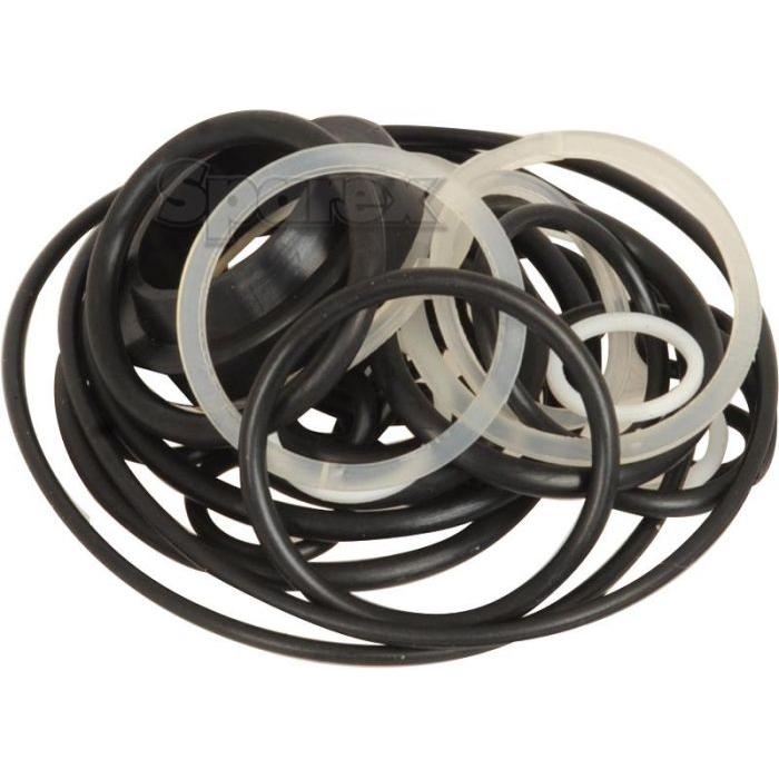 A pile of variously sized black and white rubber o-rings from the Sparex Wheel Dolly Seal Kit, part 27678.