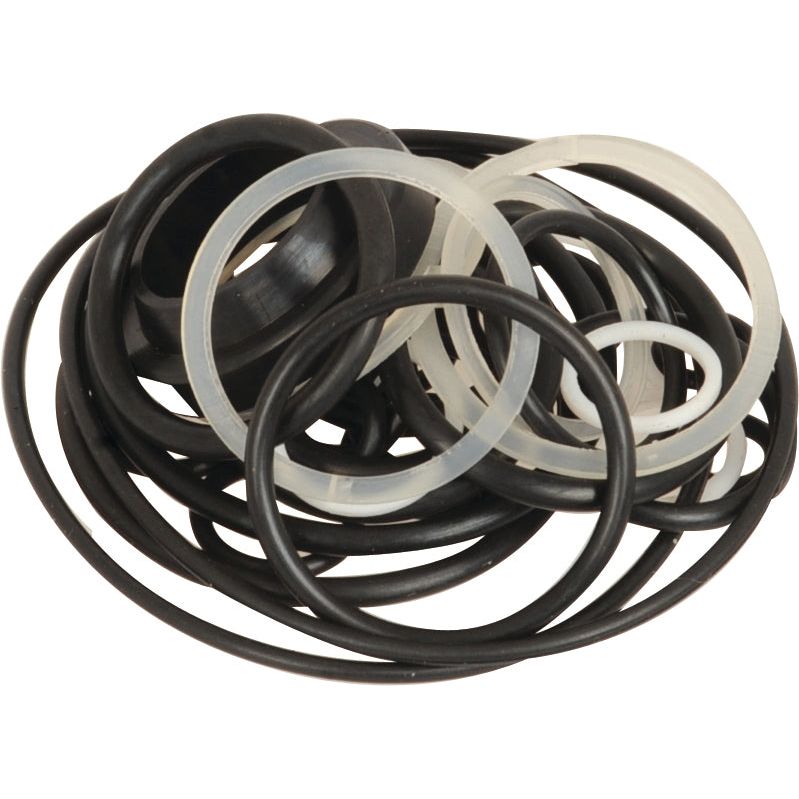 A collection of black and white rubber O-rings of various sizes, perfect for use in the Sparex Wheel Dolly Seal Kit (S.27678), loosely arranged in a pile.