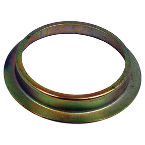 The Wheel Hub Retainer | Sparex Part No.S.58823, a metal flange branded as Sparex, features a round central opening and a slightly elevated rim. It shows signs of discoloration and wear, indicating it was likely used in a John Deere wheel hub assembly.