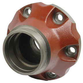 A close-up image of a Sparex Wheel Hub, Part No. S.40244, designed for a Massey Ferguson in red and silver metal, showcasing its circular design with four bolt holes and a central hollow section.