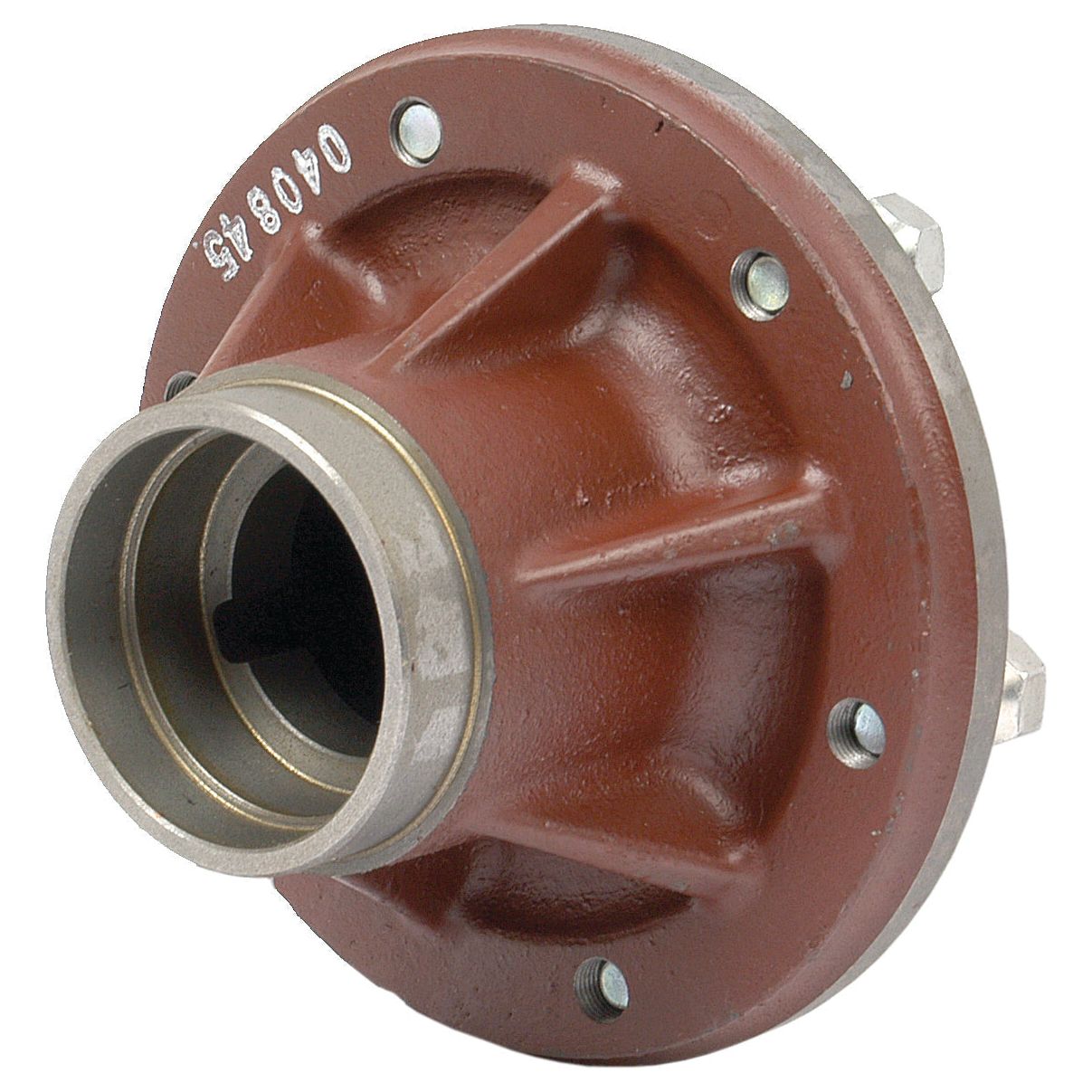 A red, cylindrical mechanical component featuring bolts and circular openings, suitable for machine or vehicle use, such as the Massey Ferguson 135, is the Wheel Hub (Sparex Part No. S.42781) from Sparex.