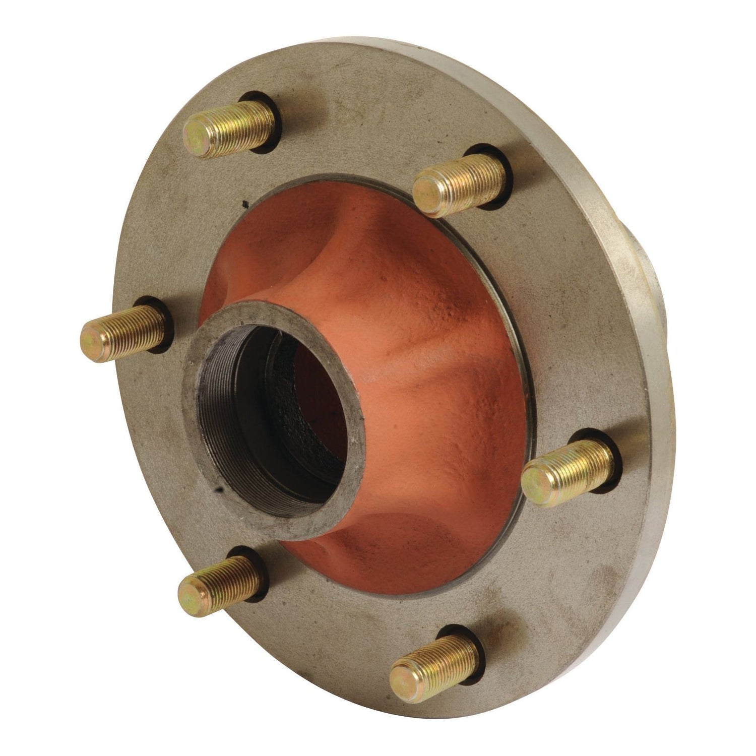 The Sparex Wheel Hub (Part No. S.42782) is a metal hub with six threaded studs, featuring an orange central section and a gray outer ring, specifically designed for Massey Ferguson tractor parts.