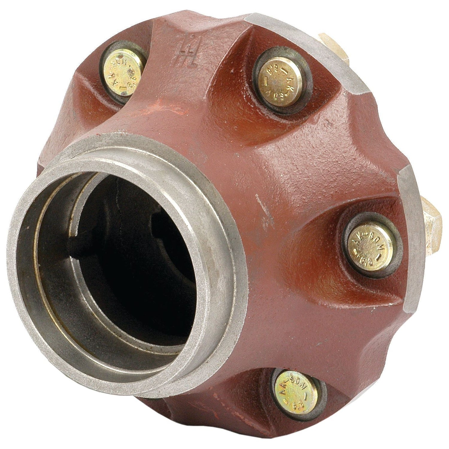 A close-up view of the Sparex Wheel Hub, Sparex Part No. S.42783, featuring a brown outer casing and four protruding bolts, designed for Landini tractors.