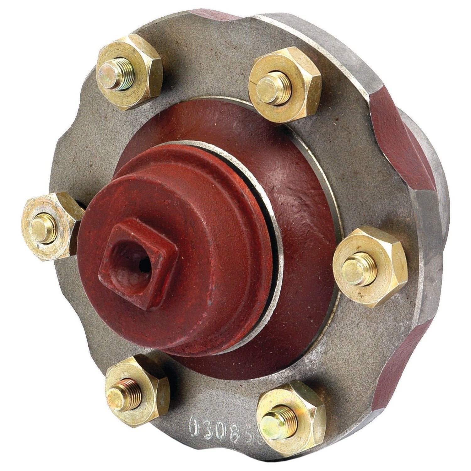 A Wheel Hub, Sparex Part No. S.42783, branded by Sparex, is a metal mechanical component featuring a hexagonal bolt-head design and multiple brass nuts, commonly used in machinery or within Massey Ferguson automotive applications.