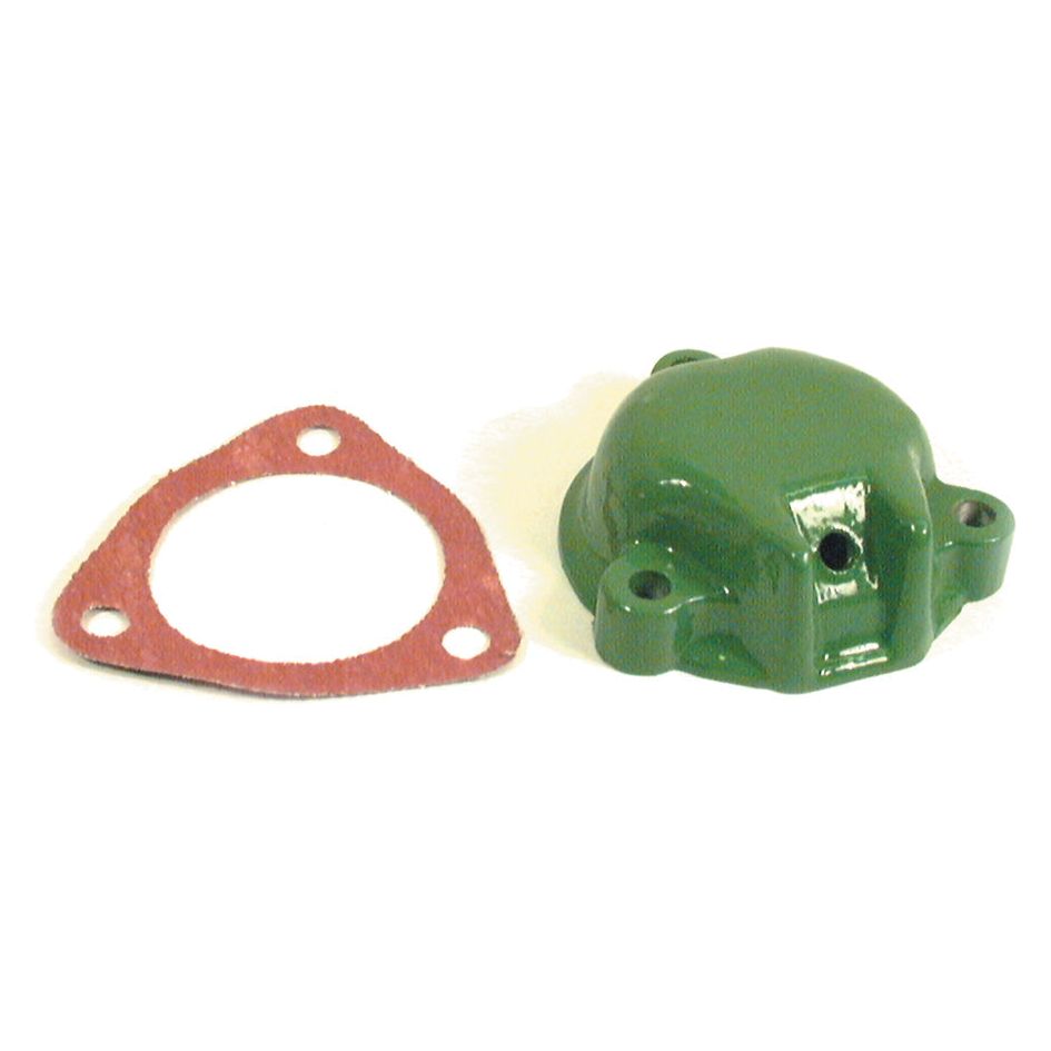 A Hub Cap (Sparex Part No. S.61022) from Sparex, featuring a green metal cover with a hole in the center and a red triangular gasket with three holes, both set against a plain white background, reminiscent of John Deere components.