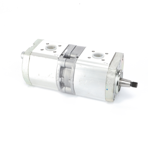 The Fendt - Wheel Pump - F178940010070, an AGCO Parts Genuine product, is a double gear hydraulic pump with a silver metallic finish. It features two inlets on the top and a threaded shaft on one end. Renowned for its efficiency and reliability, this hydraulic pump is designed specifically for Fendt models.