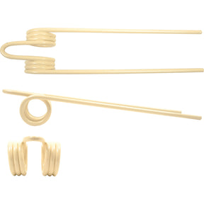 Three views of a beige plastic Wheel Rake Tine from Sparex, featuring its coiled and straight sections from different angles. This innovative design serves as an excellent replacement for PZ parts, specifically fitting the PZ9 model.