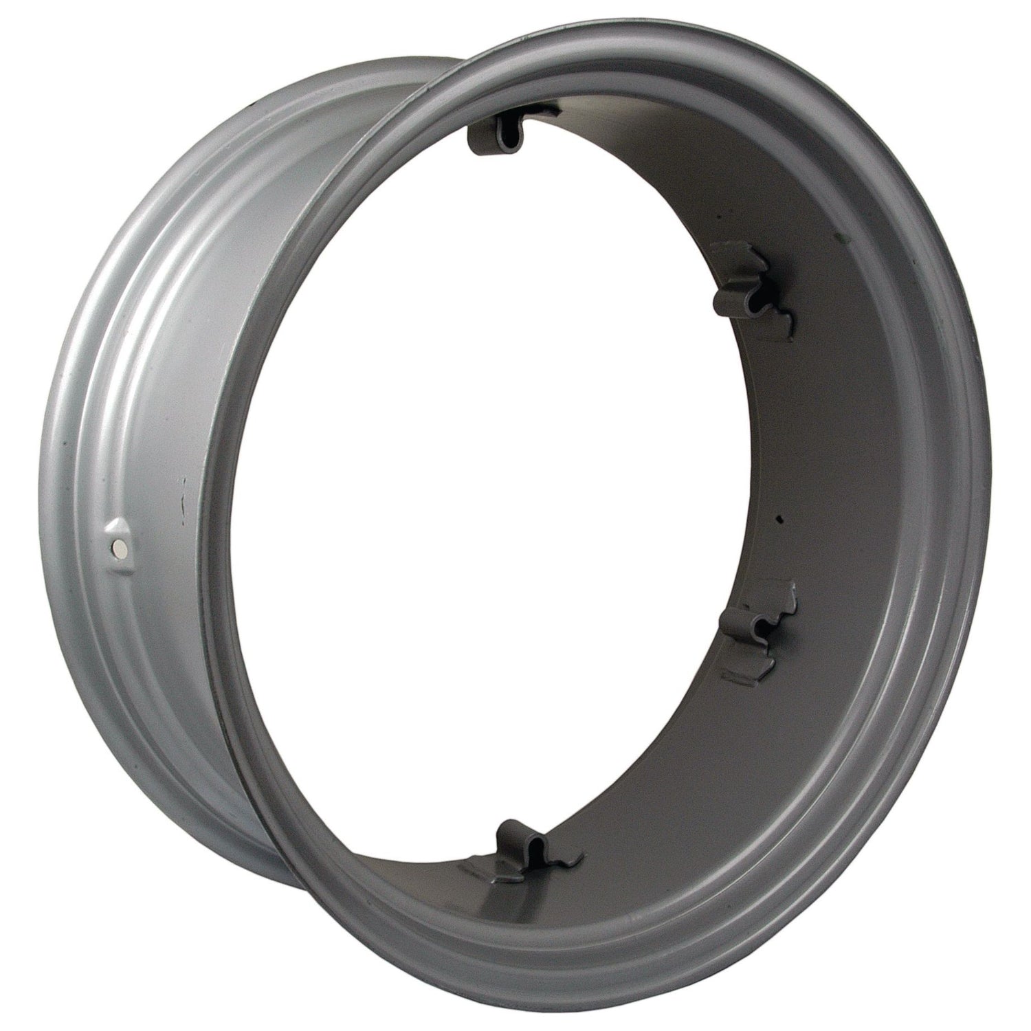 A silver, circular metal wheel rim from Sparex with a simple design and several small notches on the inner edge, suitable for various tyre sizes.