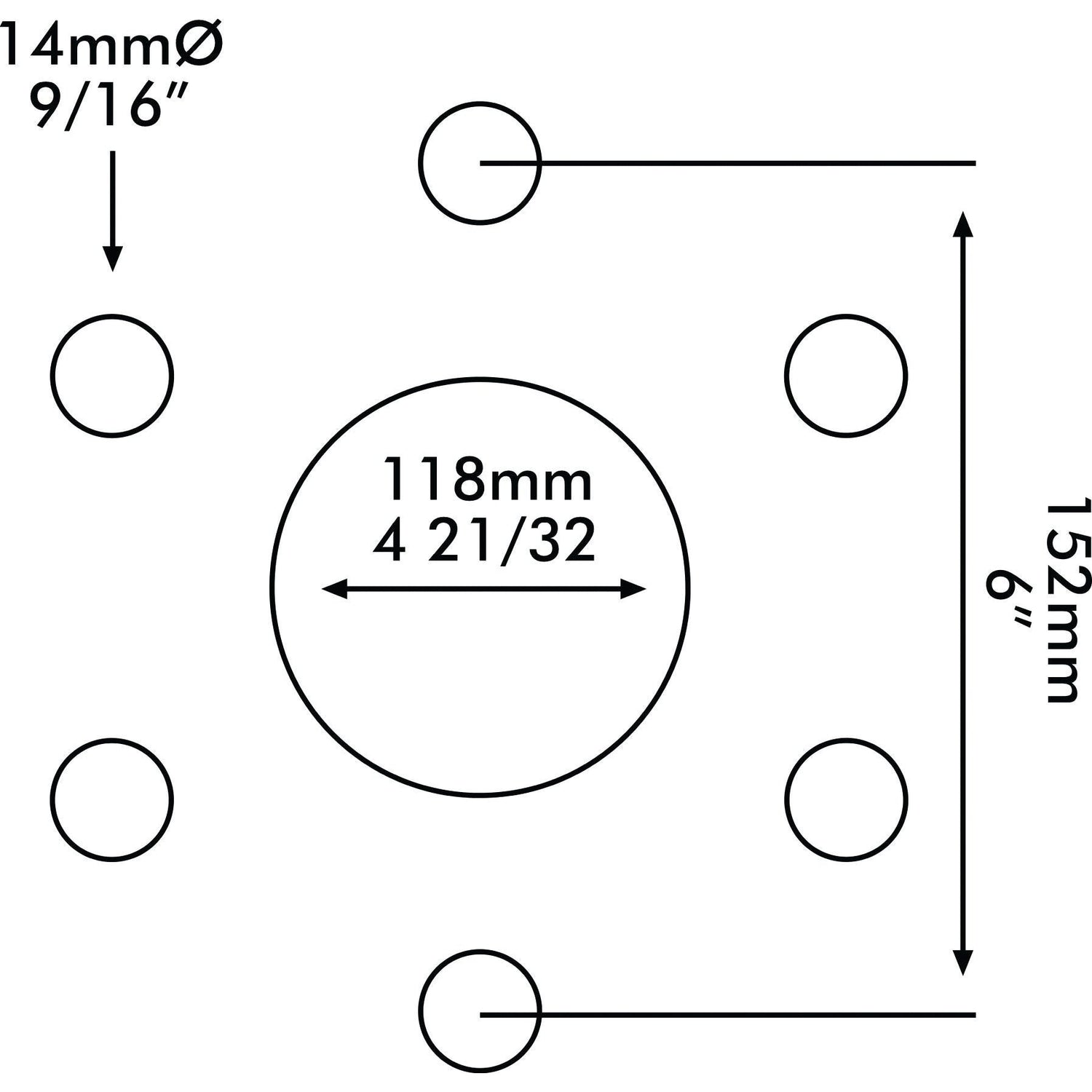 Diagram showing a central circle with a diameter of 118mm (4 21/32 inches) and four smaller circles, each with a 14mm (9/16 inches) diameter, positioned around it in a 152mm (6 inches) square pattern—ideal for referencing the Sparex Wheel Rim, S.40287, with a rim size of 5.5 x 16''.