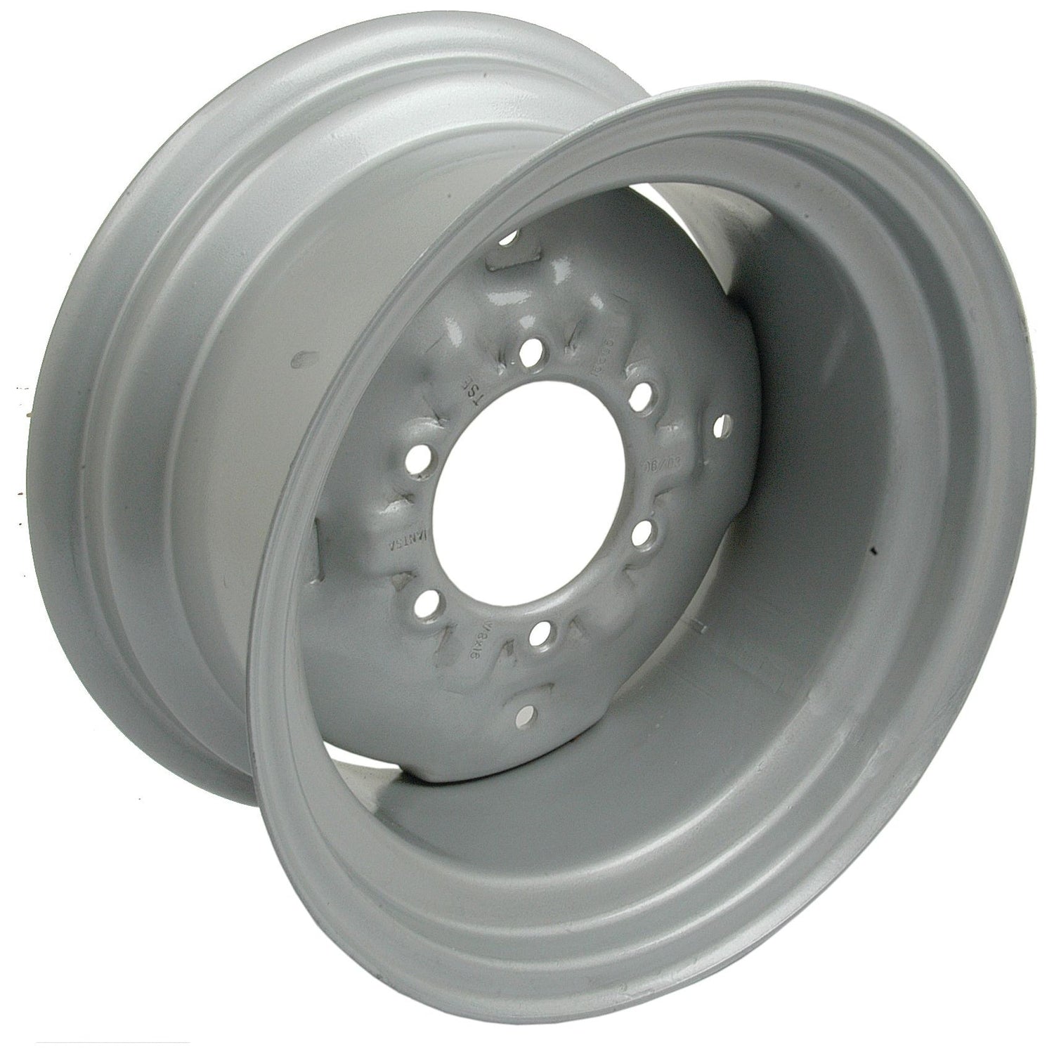 A Sparex heavy-duty wheel rim, model S.40289, featuring a metallic silver finish and measuring 8 x 16'', is designed with a circular central hub and multiple mounting holes.