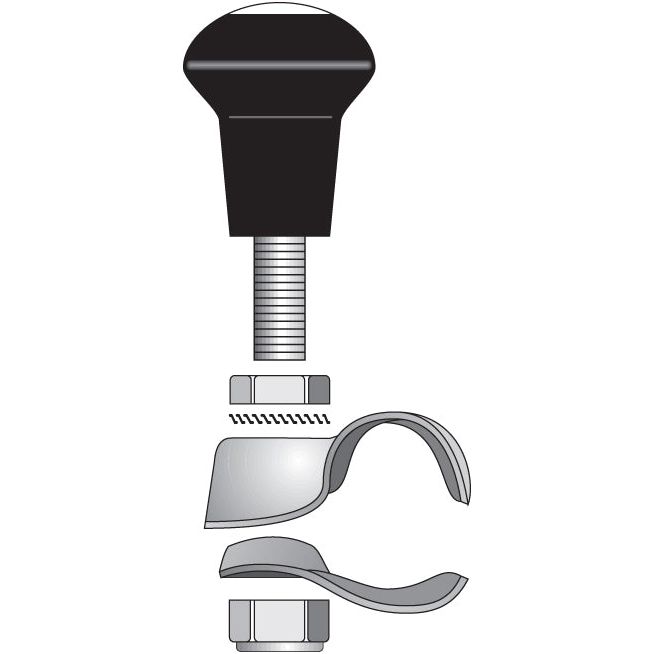 Diagram of a Sparex Wheel Spinner (Agripak 1pc. - S.14923) assembly, showcasing a black handle connected to a screw, with two nuts and two curved clamping components.