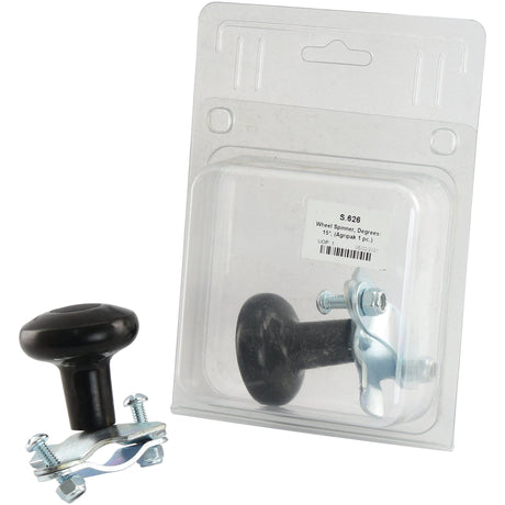 Black wheel spinner knob with a sturdy metal base, displayed both inside clear packaging and out. The product label features the Sparex brand and the part number S.626 for the 15° Agripak model.