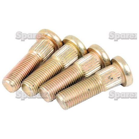 Four metal bolts, resembling the Sparex Wheel Stud 3/8'' UNF (Sparex Part No. S.26729), with flat, flared heads are positioned side by side at an angle.
