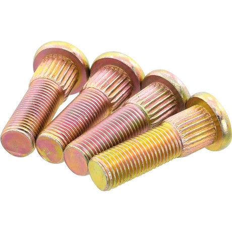 Close-up of four Sparex Wheel Studs (3/8'' x UNF Grip Ø, Agripak | Sparex Part No. S.26729) with threaded ends and grooved sides, aligned in a row.