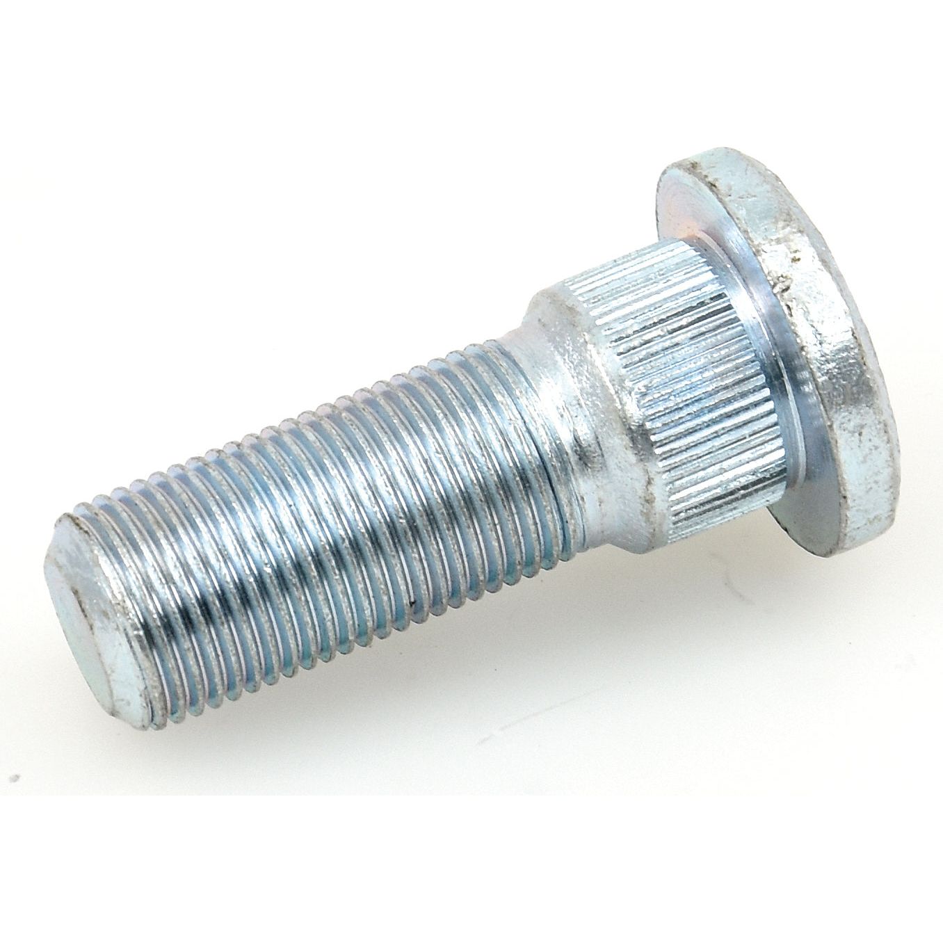 A Sparex Wheel Stud M18 x 1.5 x 54mm (Metric) Grip Ø: 21mm (S.57767), made of silver metal with a threaded shaft and a flanged head, lies horizontally against a white background.