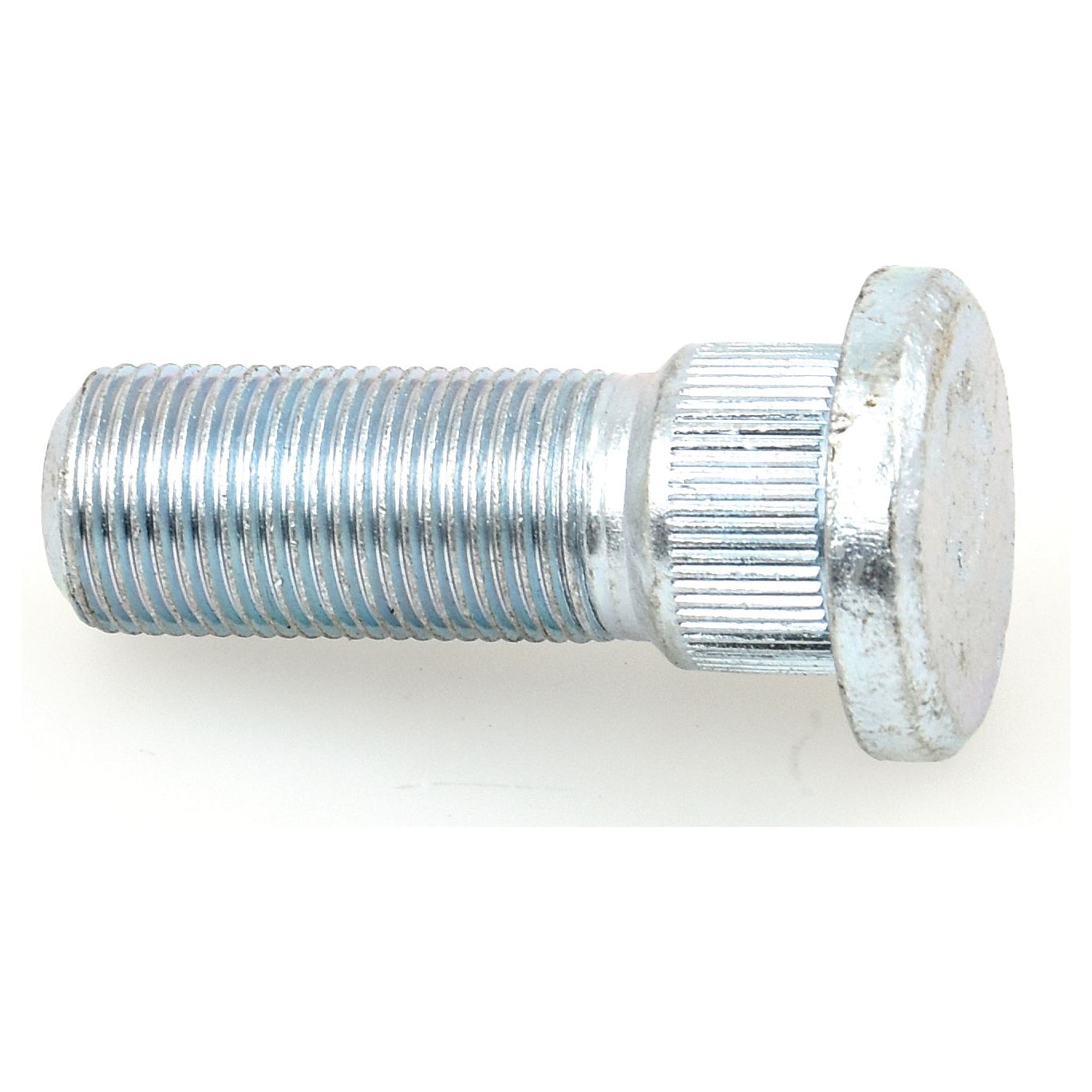 The Sparex Wheel Stud M18 x 1.5 x 54mm (Metric) Grip Ø: 21mm – S.57767 is a threaded metal fastener featuring a silver finish and a knurled design for enhanced grip, ideal for various fastening applications.