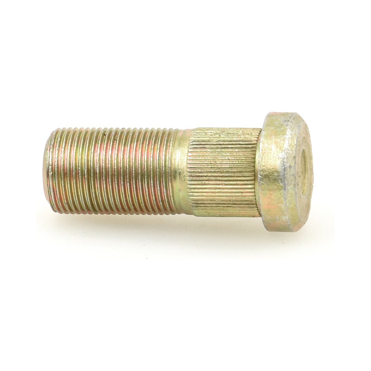A Sparex Wheel Stud M22 x 1.5 x 55mm (Metric), featuring a knurled, ribbed body, hexagonal head, and threaded section, lying horizontally on a white background.