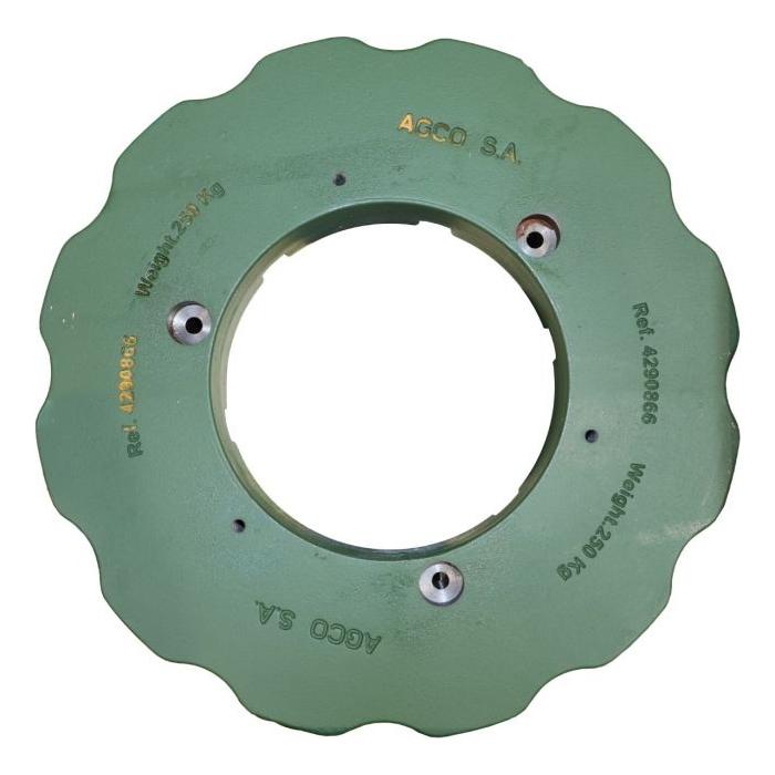 A green metal disc weighing 250kg, marked with "AGCO" and the reference number "4290866M3". Ideal for Massey Ferguson tractor parts, it features a central circular cutout and several mounting holes for easy installation.